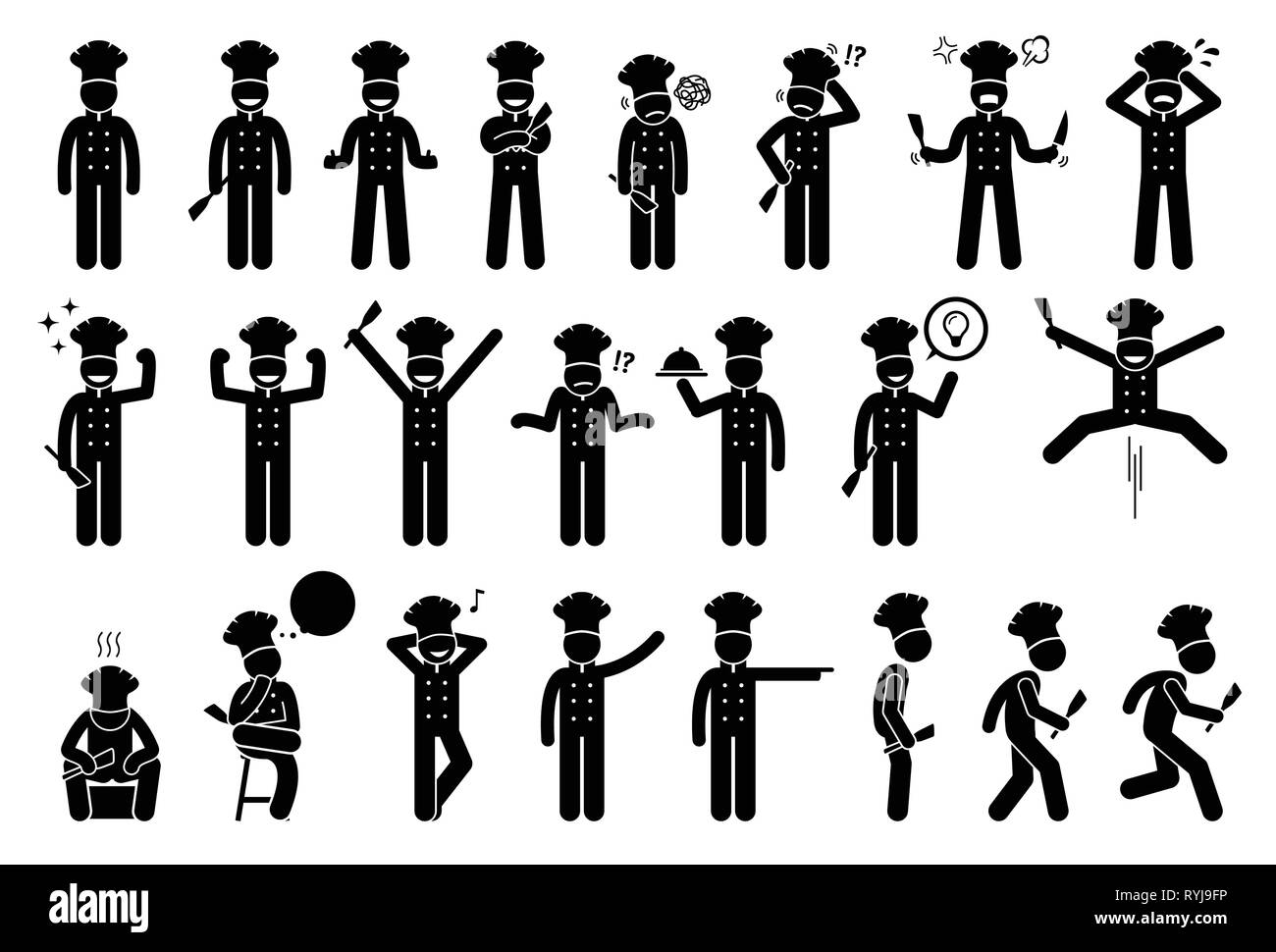 Lo Chef pone di base, i sentimenti, le azioni e le emozioni. Stick figure mostra lo chef o cuoco è sentirsi felice, triste, arrabbiato, e di successo. Altre azioni in Illustrazione Vettoriale