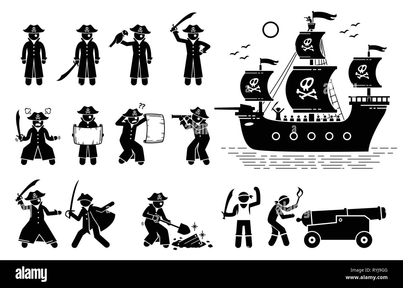 Pirate pone e nave. Stick figura il pittogramma raffigura i pirati in diverse azioni come la lotta con la spada, lettura mappa, utilizzando il cannocchiale, trovando treasu Illustrazione Vettoriale