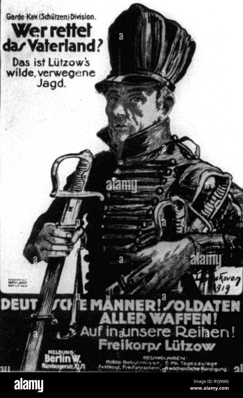 Militari, Germania, esercito, Free Corps, il reclutamento di poster per i Freikorps Luetzow, 'che salva la patria", design: Leo Impekoven, art institute Weylandt, Berlino, 1919, Additional-Rights-Clearance-Info-Not-Available Foto Stock
