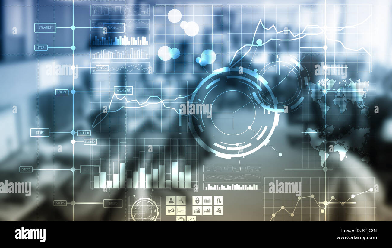 Business intelligence BI indicatore chiave delle prestazioni KPI dashboard di analisi trasparente sfondo sfocato. Foto Stock