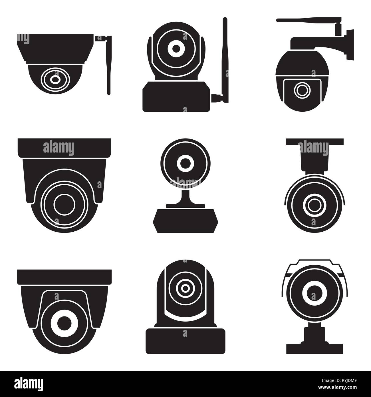 Videocamera di sicurezza. Home apparecchiature di sorveglianza. Silhouette icone vettoriali Illustrazione Vettoriale