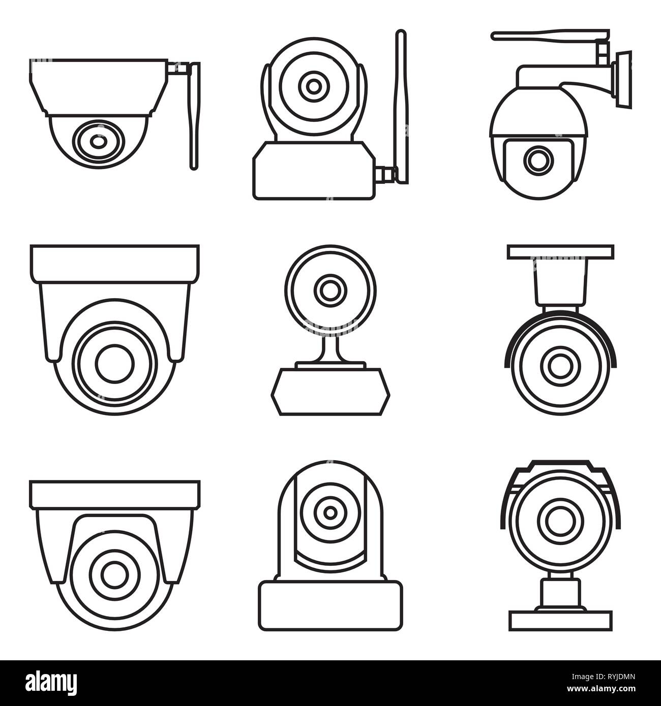 Videocamera di sicurezza. Home apparecchiature di sorveglianza. Piatto icone vettoriali Illustrazione Vettoriale