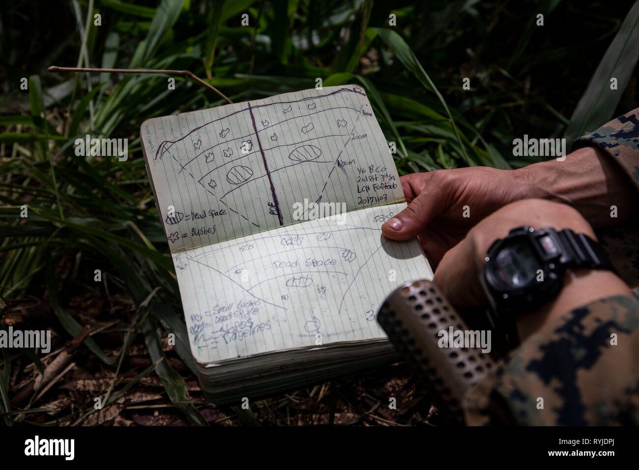 Un U.S. Marine con società di Golf, 2° Battaglione, 3° Reggimento Marine, III Marine forza expeditionary, richiama un settore di fuoco schema per una posizione difensiva durante le operazioni militari in terreno urbano (MOUT) Esercizio sulle Marine Corps Area Formazione soffietto, Marzo 13, 2019. Golf migliorato la loro letalità unità utilizzando il MOUT strutture per interagire con i lettori di ruolo, impegnarsi nella simulazione di scontri a fuoco e impostare una posizione difensiva. Questo esercizio è stato il secondo stadio del battaglione dell'evento di formazione, Esercizio Bougainville io, una formazione annuale di esercizio che rafforza la pre-deployment readines Foto Stock