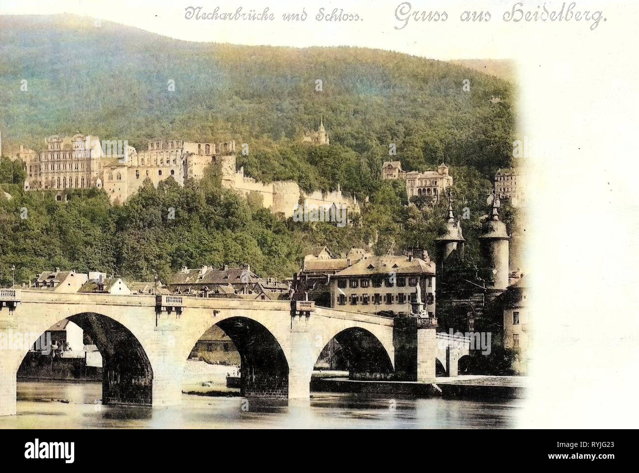 Parte anteriore del nord del castello di Heidelberg, Neckar a Heidelberg, Alte Brücke (Heidelberg), edifici in Heidelberg-Altstadt, 1898, Baden-Württemberg, Heidelberg, Neckarbrücke und Schloß Foto Stock