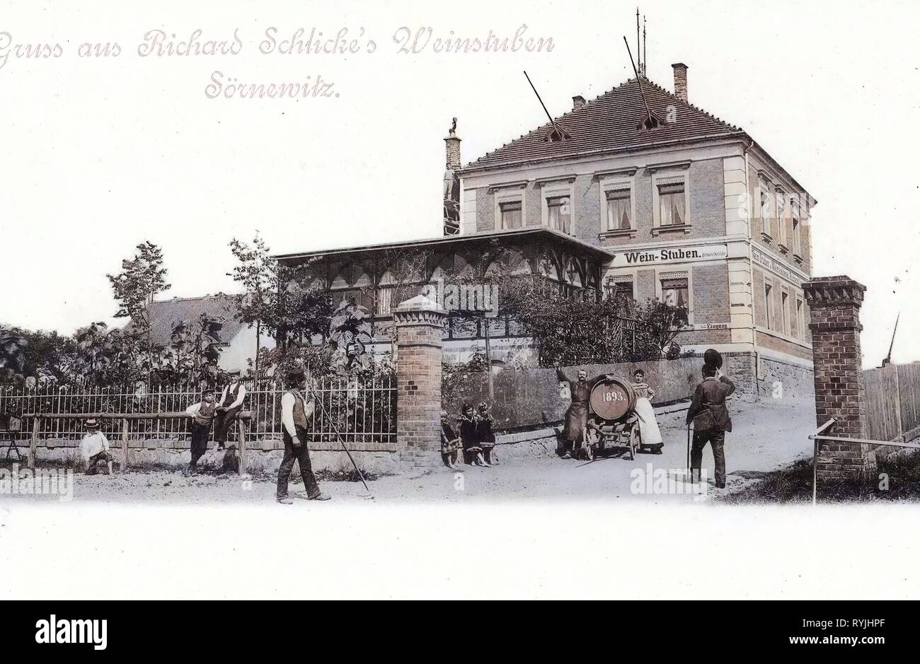 Taverne di Sassonia, Leiterwagen, 1893 in Sassonia, barili in Germania, Sörnewitz (Coswig), 1898, Landkreis Meißen, Sörnewitz, Schlicke's Weinstuben Foto Stock