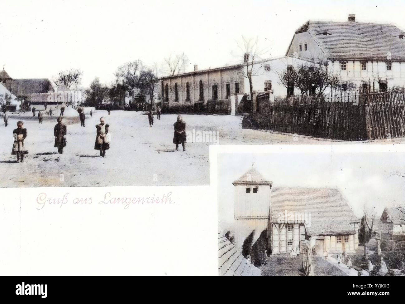 Cartoline Multiview, Dorfkirche Langenrieth, 1899, Brandeburgo, Langenrieth, Blick ins Dorf Foto Stock