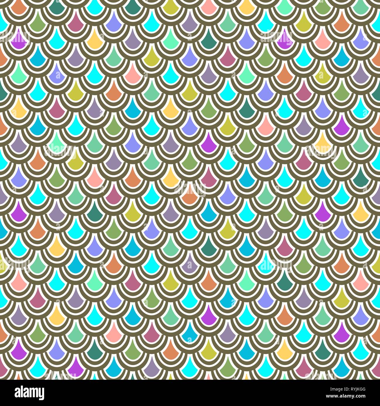 Multicolor squame di pesce seamless pattern, ornamento grafico, ornamento zoomorfi, rainbow illustrazione, sfondo vettoriale. Colorato brillante rotondo scale Illustrazione Vettoriale