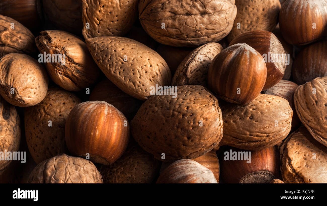 Close-up di un mucchio di noci, nocciole e mandorle marrone, frutta secca con luce morbida Foto Stock