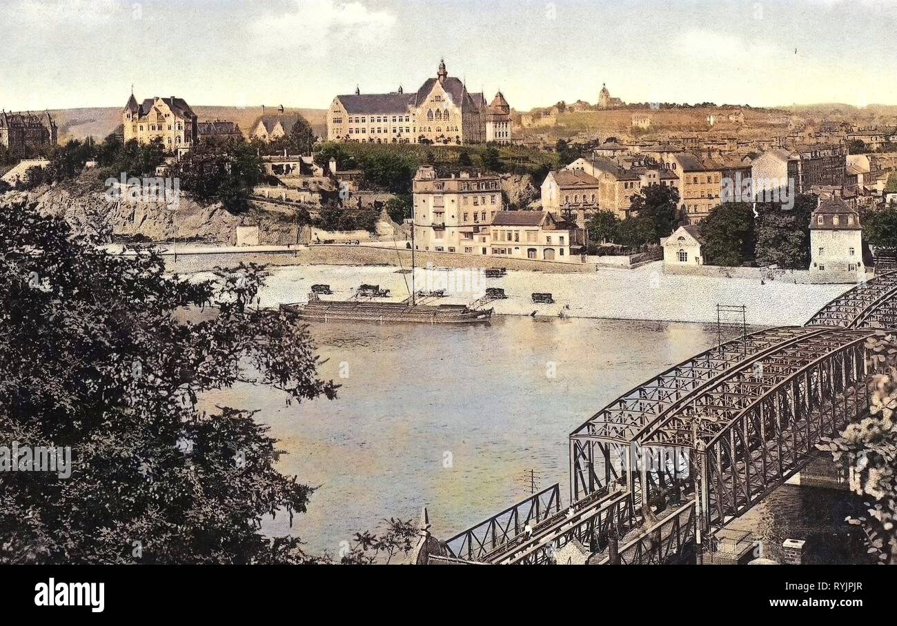 Per i ponti ferroviari nel Landkreis Meißen, chiatte di Germania, Eisenbahnbrücke Meißen, 1910, Meißen, Blick über die Eisenbahnbrücke nach Meißen Rechts Foto Stock