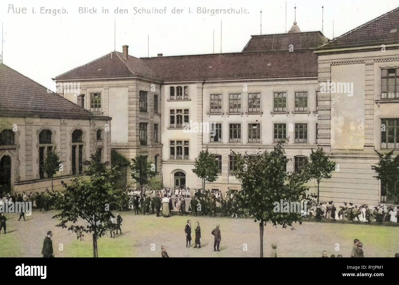 Albrecht-Dürer-Gundschule Aue, 1910, Erzgebirgskreis, Aue, Schulhof der Bürgerschule, Germania Foto Stock