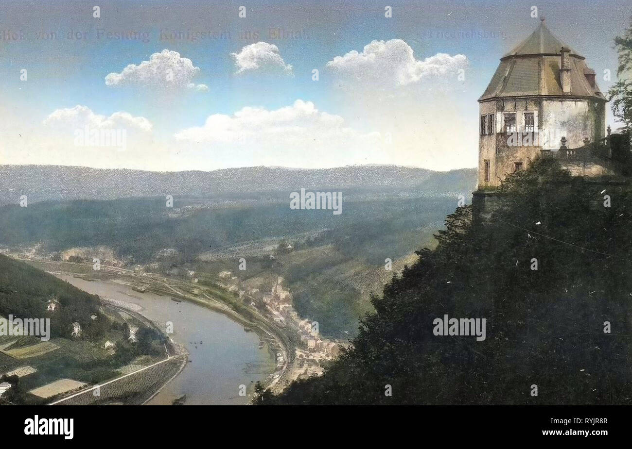Il Festung Königstein, Elbe in Sassonia, 1911, Sächsische Schweiz-Osterzgebirge, Königstein, Blick von der Festung ins Elbtal, Fridrichsburg, Germania Foto Stock