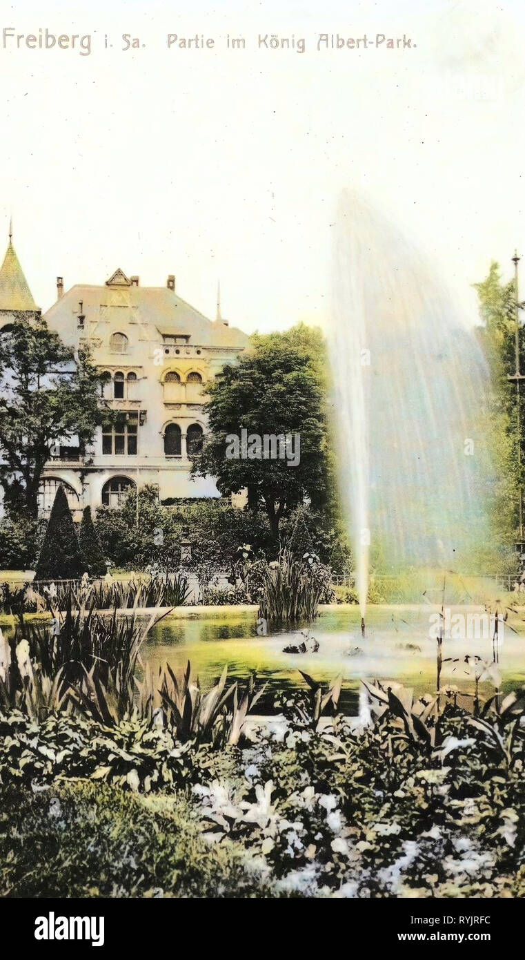 Albert Park, Freiberg (Sachsen), fontane in Freiberg (Sachsen), 1911, Landkreis Mittelsachsen, Freiberg, Partie im König, Albert, Parco, Germania Foto Stock