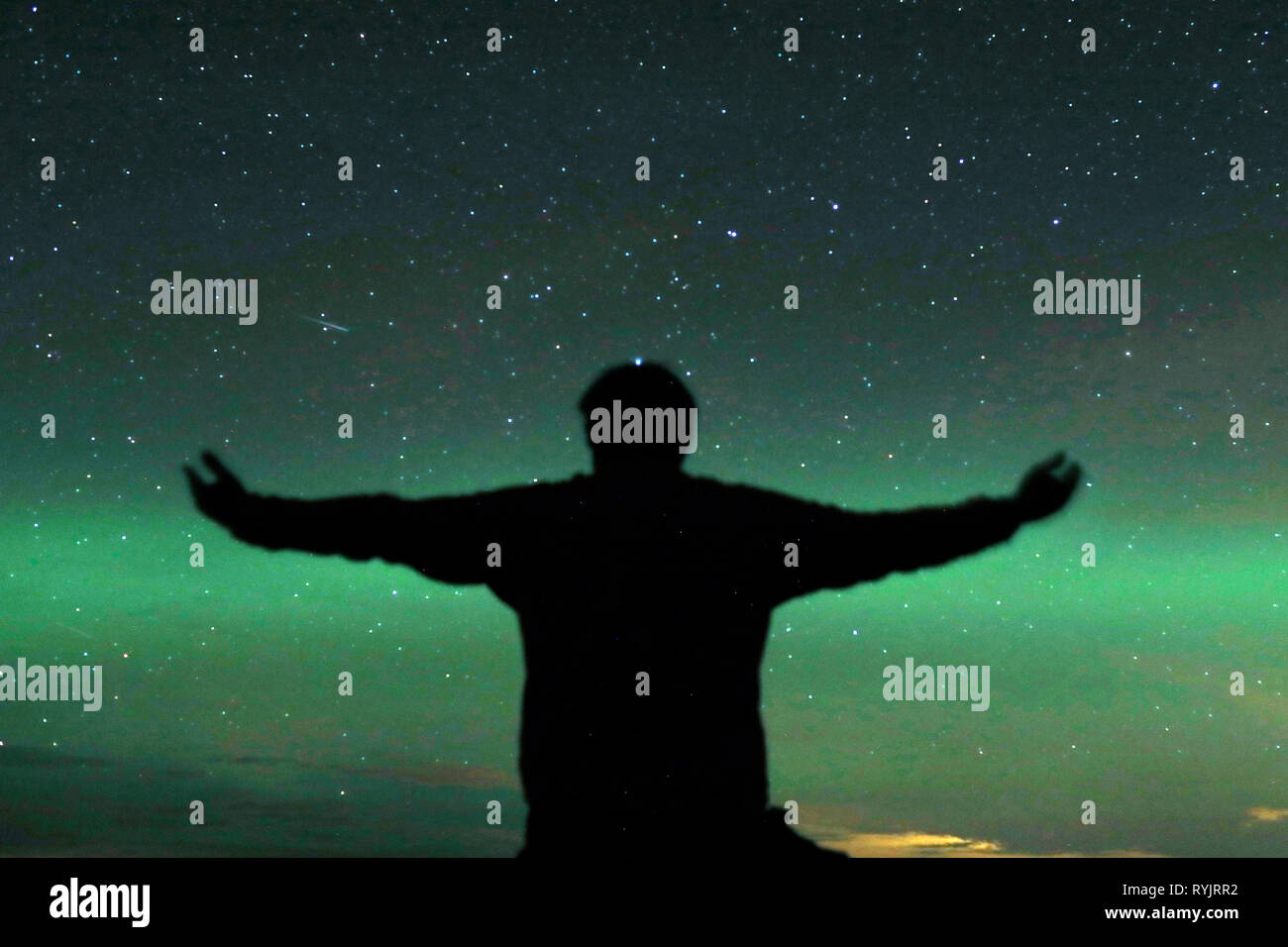 Le luci del nord o Aurora Boreale con un profilarsi l'uomo. La Norvegia. Foto Stock