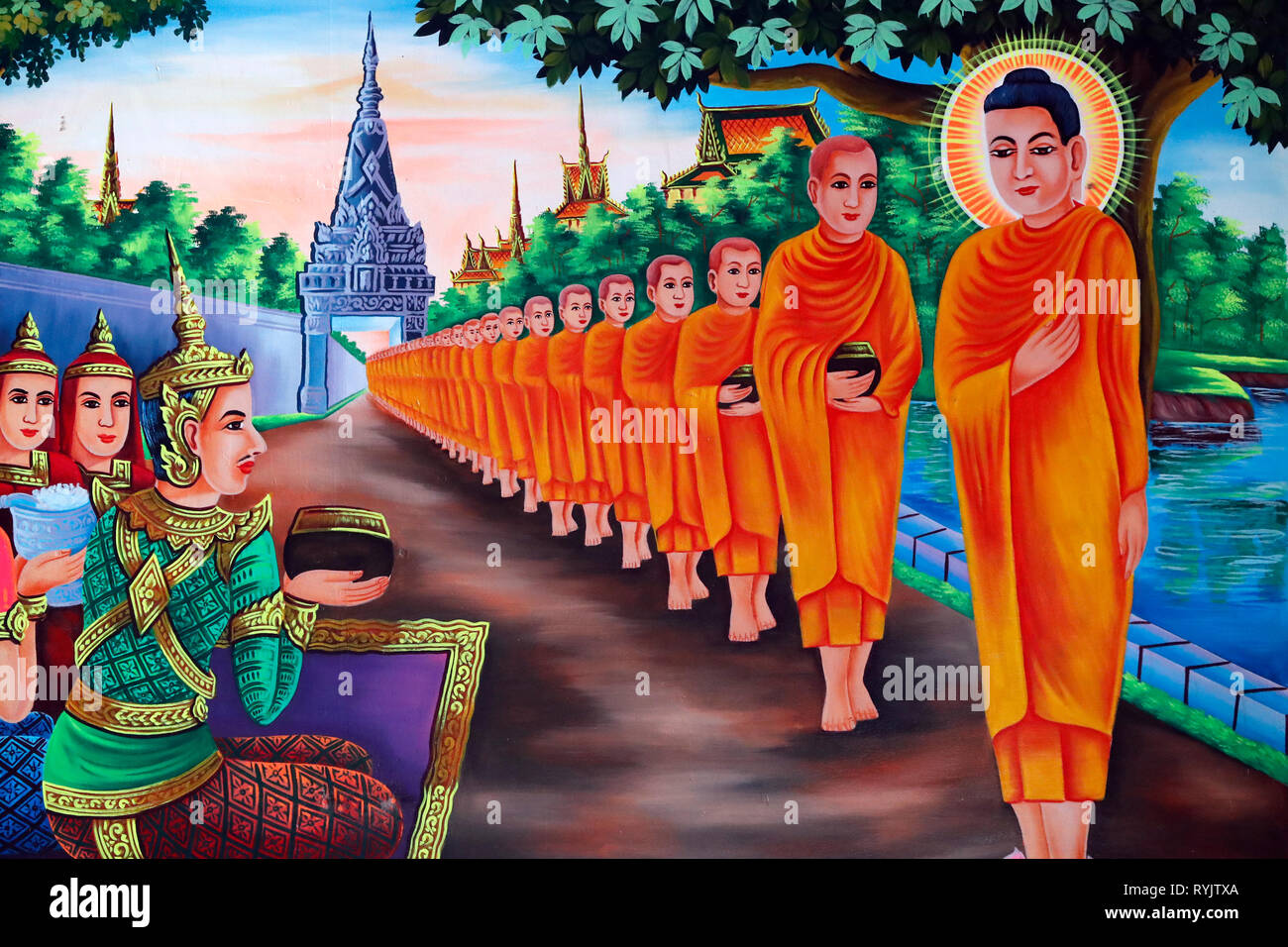 La vita del Buddha, Siddharta Gautama. Durante una visita alla città di Rajagaha, il Buddha è andato per la alms-round. Lungo la strada il re Bimbisara e la sua ro Foto Stock