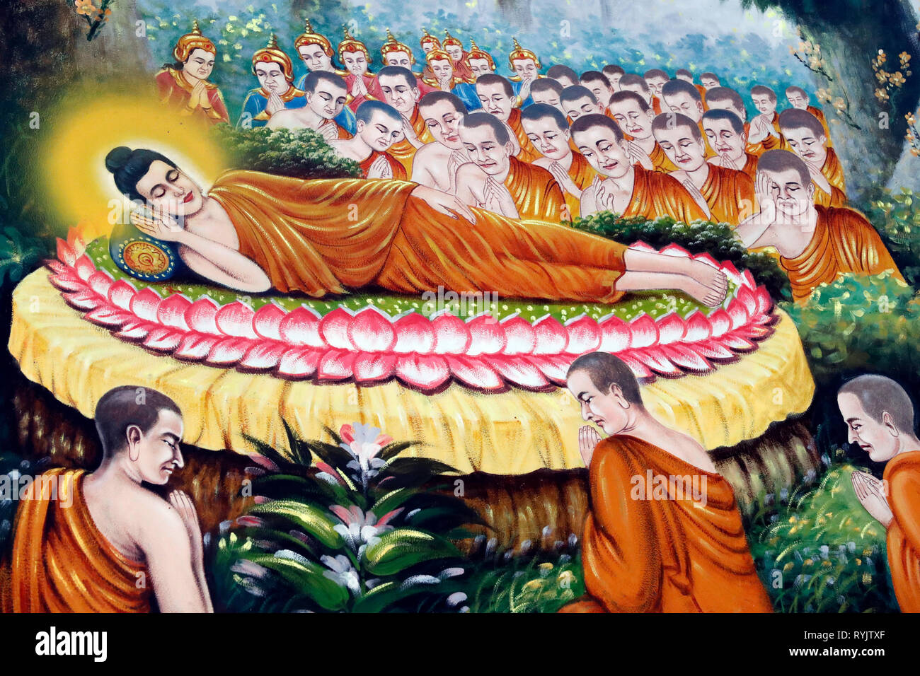 Buddha reclinato pittura. Dopo 45 anni di insegnamento il Dharma, il Buddha passati nel parinirvana. La vita del Buddha, Siddharta Gautama. Cha Foto Stock