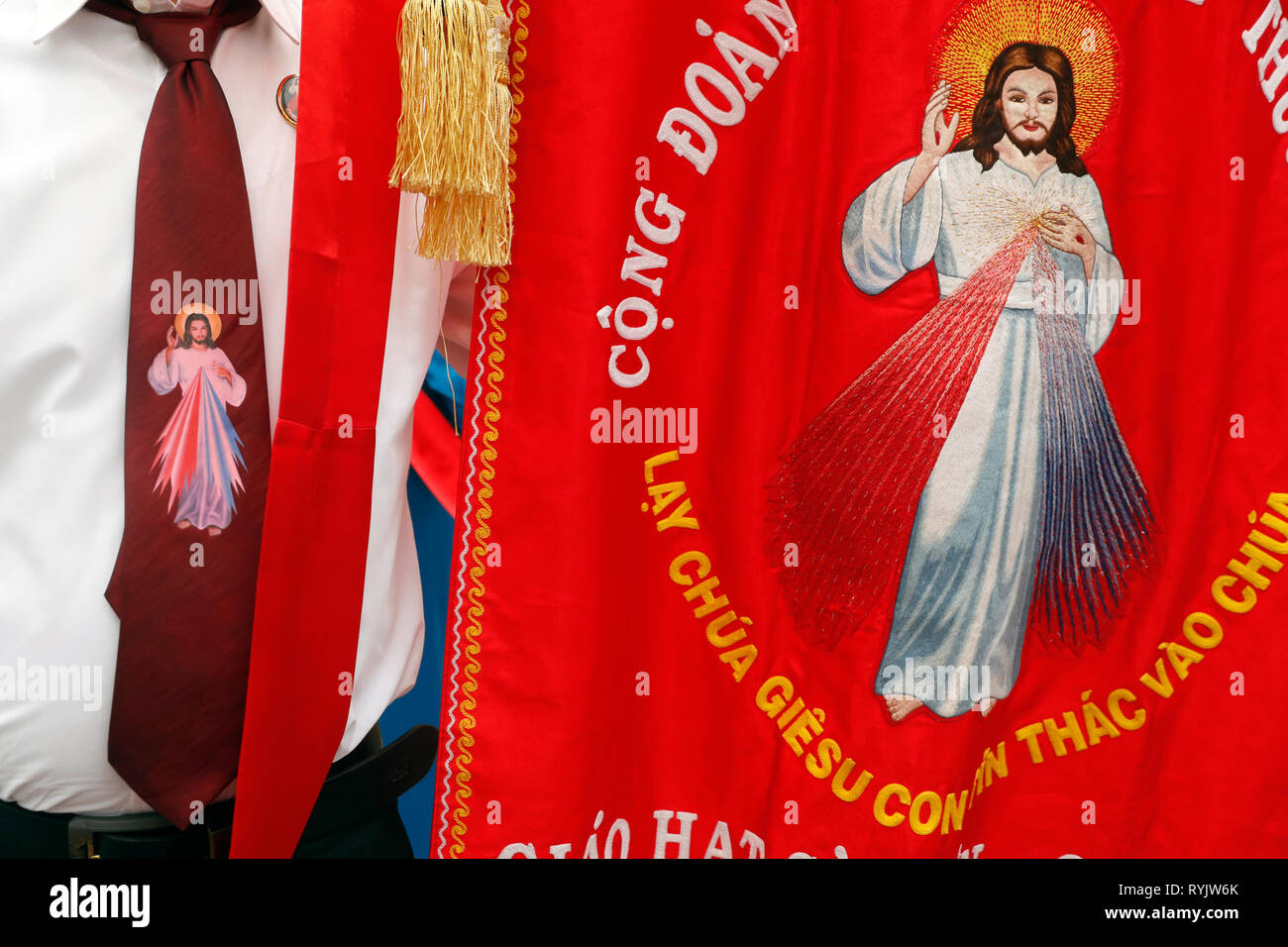 San Filippo chiesa ( Huyen Sy Chiesa ). La festa dell Assunzione della Vergine Maria. Processione. Immagine di Gesù e la misericordia divina, ho fiducia in voi. Ho Foto Stock