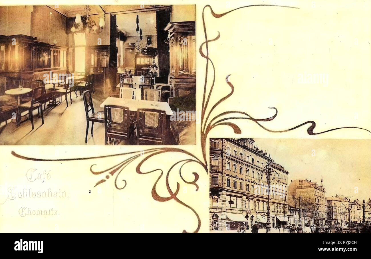 Caffè di Chemnitz, cartoline Multiview, edifici a Chemnitz, 1912, Chemnitz, Cafe Schleenhain Foto Stock