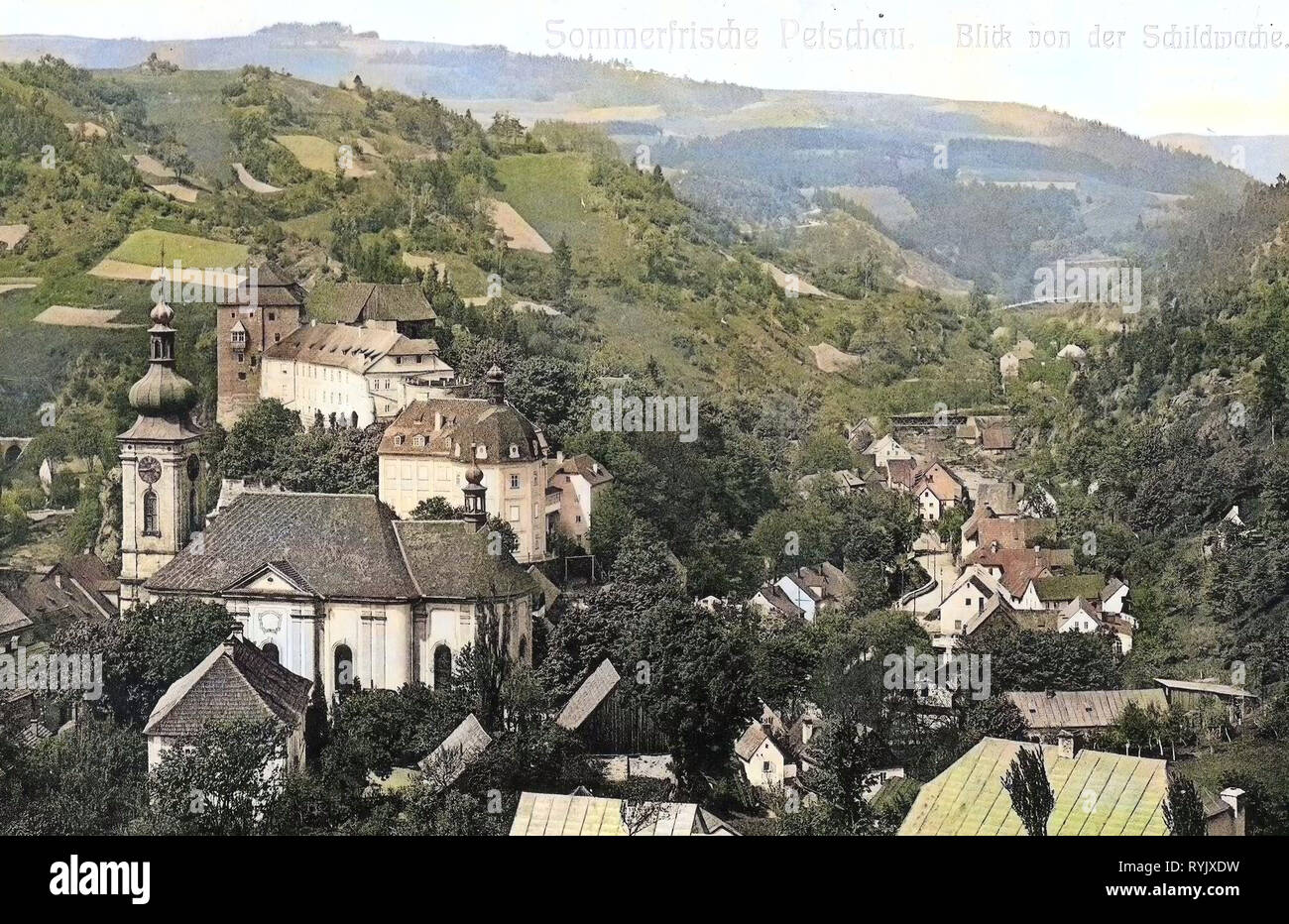 Bečov nad Teplou Castello, chiese a Karlovy Vary District, edifici di Bečov nad Teplou, 1912, Regione di Karlovy Vary, Petschau, Petschau von der Schildwache, Repubblica Ceca Foto Stock