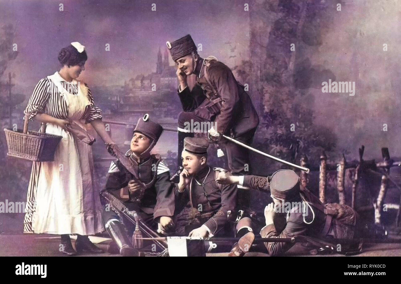 2. Königlich Sächsisches Pionier-Bataillon Nr. 22, cesti di Germania, flirtare, ottoni, 1913, Meißen, pioniere, Mädchen Foto Stock