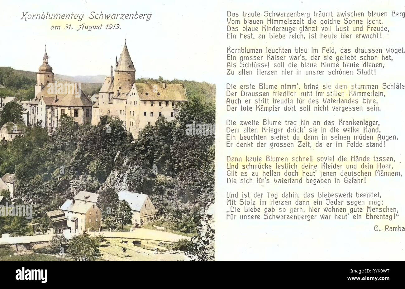 Cartoline con testi, testi di Schwarzenberg Castello (Sassonia), 1913, Erzgebirgskreis, Schwarzenberg, Germania Foto Stock