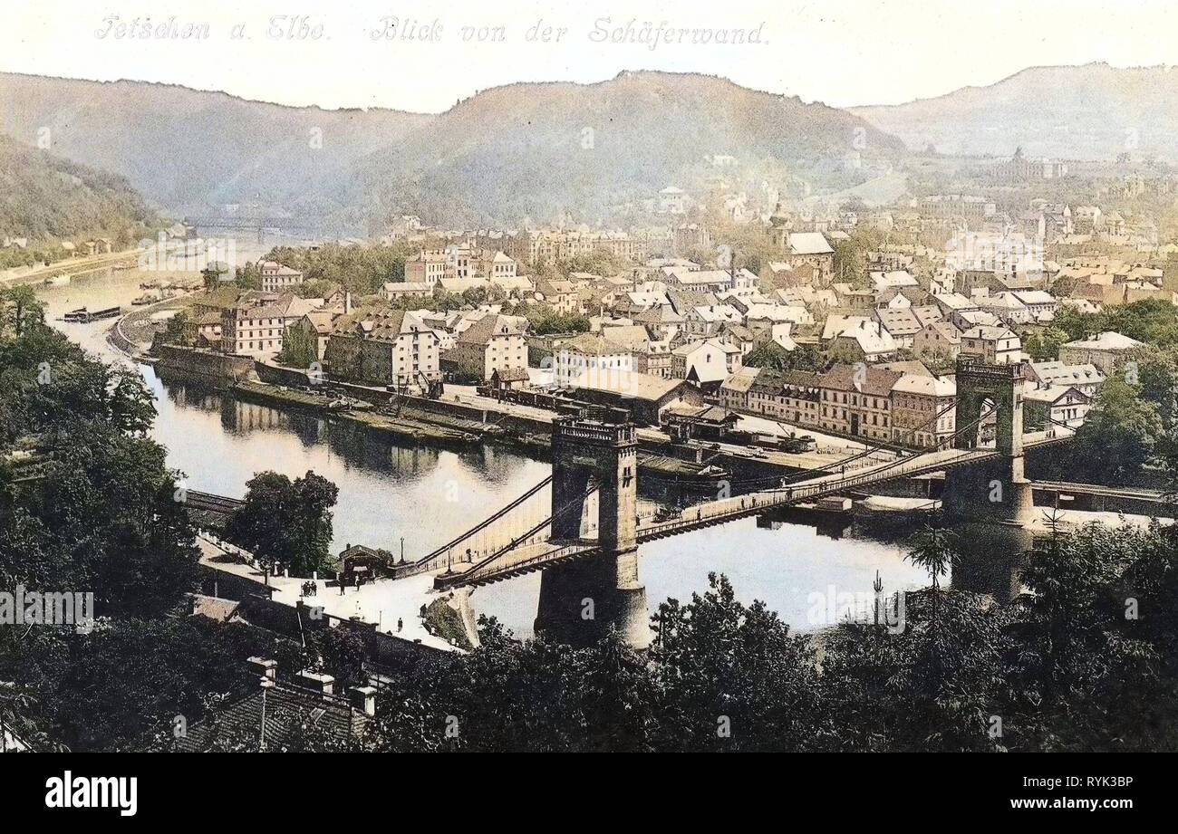 Pastýřská stěna, edifici in Děčín, Elbe in Děčín, Imperatrice Elisabeth Bridge in Děčín, chiatte della Repubblica ceca, chiese Děčín, 1914, Ústí nad Labem Regione, Tetschen, Tetschen von der Schäferwand Foto Stock