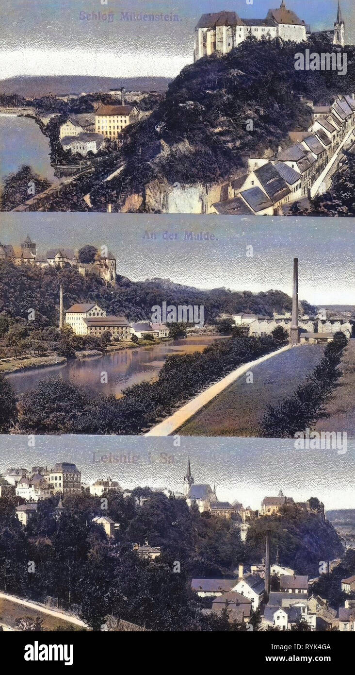 Cartoline Multiview, viste di Leisnig, 1915, Landkreis Mittelsachsen, Leisnig, verschiedene Stadtansichten, Germania Foto Stock