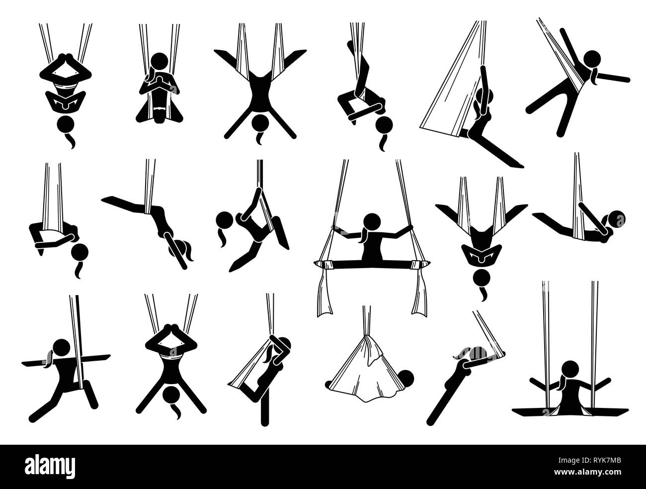 Antenna di icone di yoga. Le illustrazioni mostrano una donna esecuzione anti gravità esercizi yoga in diverse pose e posizioni con un'amaca. Le tecniche Illustrazione Vettoriale