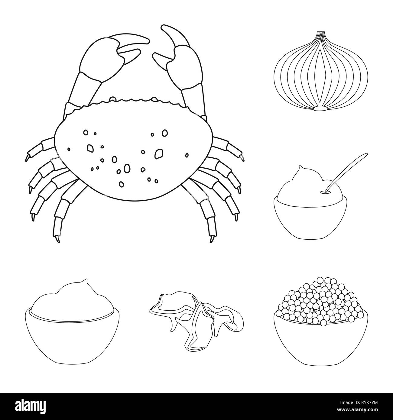 Granchio di mare,onion,crema,ketchup,fungo,caviale,frutti di mare,verdura,sour,salsa,chanterelle,rosso,crostacei, menu, sapore,cucina,salmone,vitamina,bianco,ricetta,prodotti commestibili,uova,animale,freschi,latte,materie,panino, pesce,seasonin,l'ingrediente,spezie,aroma,gusto,prodotto organico,,cottura,cibo,sapori,impostare,vettore,icona,immagine,isolato,raccolta,design,l'elemento,graphic,segno,contorno,linea vettori vettore , Illustrazione Vettoriale