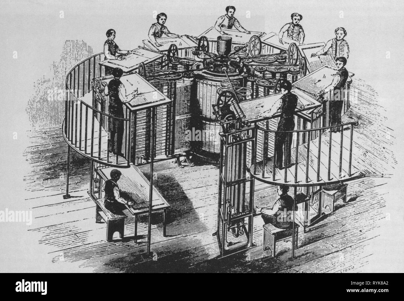 Settore industriale, stampa verticale della pressa rotativa, inventato da Augusto Applegarth (1788 - 1871), 1846, incisione su legno, secolo XIX, artista del diritto d'autore non deve essere cancellata Foto Stock