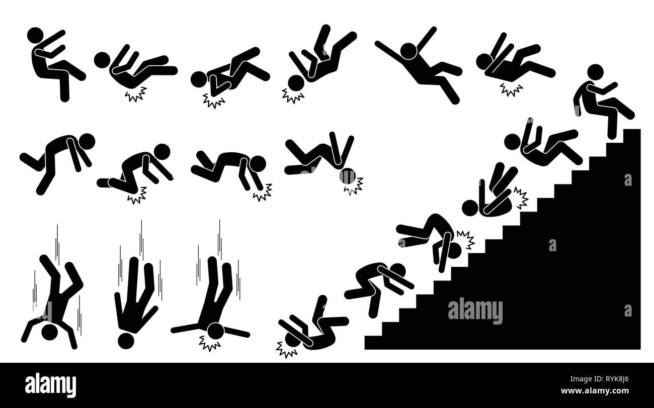 La caduta dell'uomo e il taglio verso il basso. Pittogramma mostra una persona caduta giù e battere su diverse parti del corpo. Le lesioni sono sul retro, il gomito della testa, del ginocchio Illustrazione Vettoriale