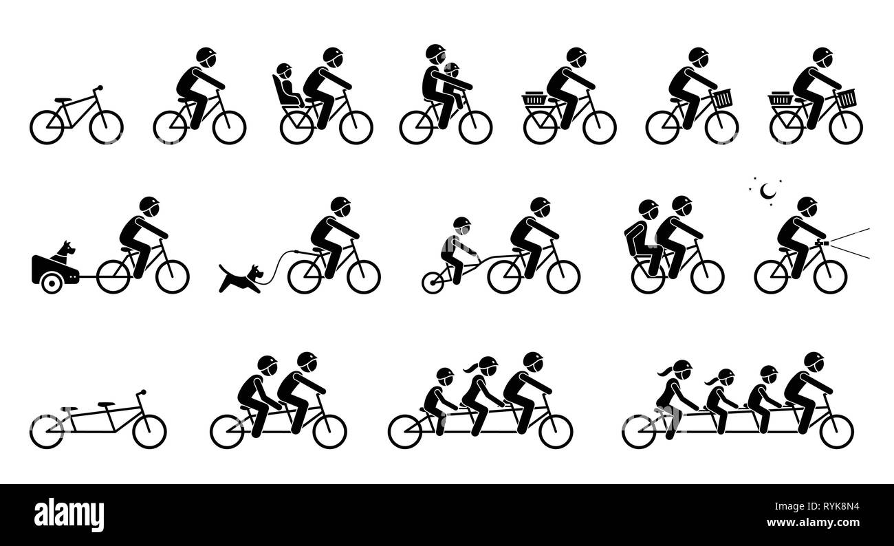Noleggio attrezzature e accessori. Pittogrammi rappresenta il tipo di allegati di bicicletta, sedili, gli ingranaggi e le parti per adulto, bambino, cane e famiglia. Tan Illustrazione Vettoriale