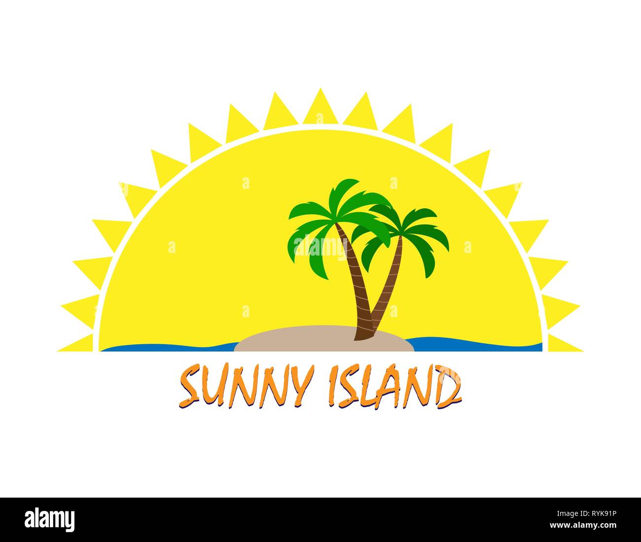 Logo Sun e iscrizione isola soleggiata design piatto, immagine a colori Illustrazione Vettoriale