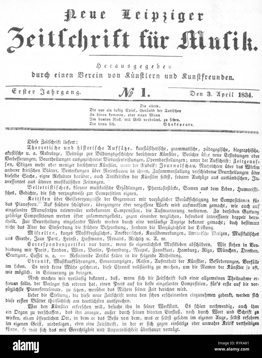 Premere il tasto / media, riviste, "Neue Leipziger Zeitschrift fuer Musik" (Nuovo Leipzig music magazine), front page, primo volume, numero 1, Lipsia, 3.4.1834, Additional-Rights-Clearance-Info-Not-Available Foto Stock