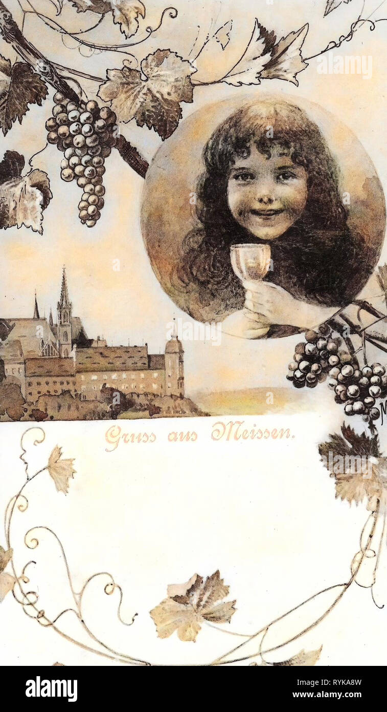 Bicchieri di vino, dipinti in Sassonia, Albrechtsburg, Popolo di Meißen, 1899, Meißen, Burgberg, Mädchen mit Weinglas, Germania Foto Stock