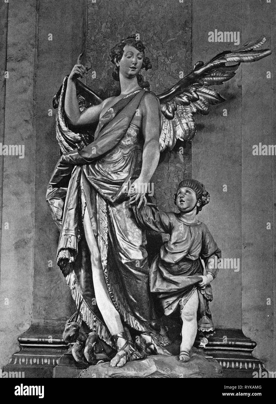 La religione, il cristianesimo, Angelo, Angelo custode, scultura, da Ignaz Guenther (1725 - 1775), 1763, legno, dipinti, 184 cm, Buergersaalkirche, Monaco di Baviera, Additional-Rights-Clearance-Info-Not-Available Foto Stock