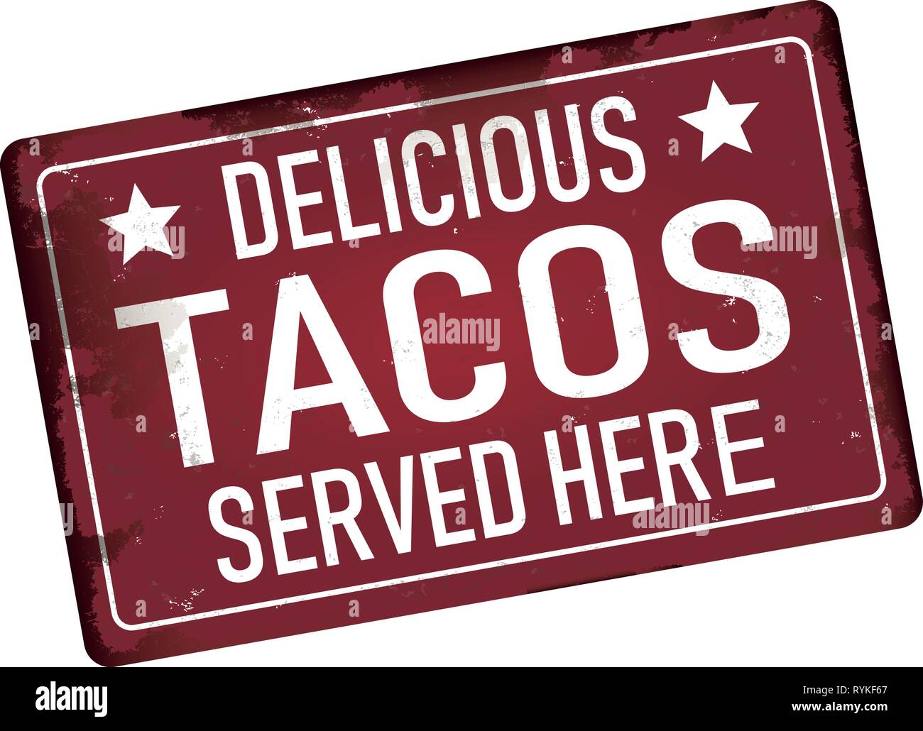 Deliziosi tacos servita qui sporco metallo arrugginito icona segno di piastra Illustrazione Vettoriale