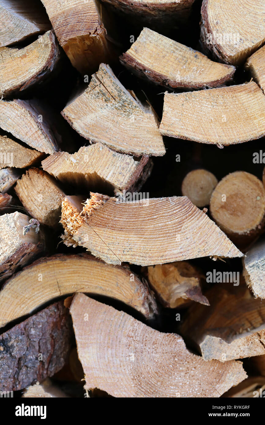 Catasta di legna da ardere in pila. Questi registri possono essere utilizzati per un caminetto o riscaldamento di una casa. Bella closeup foto è stata scattata in Finlandia. Immagine a colori. Foto Stock