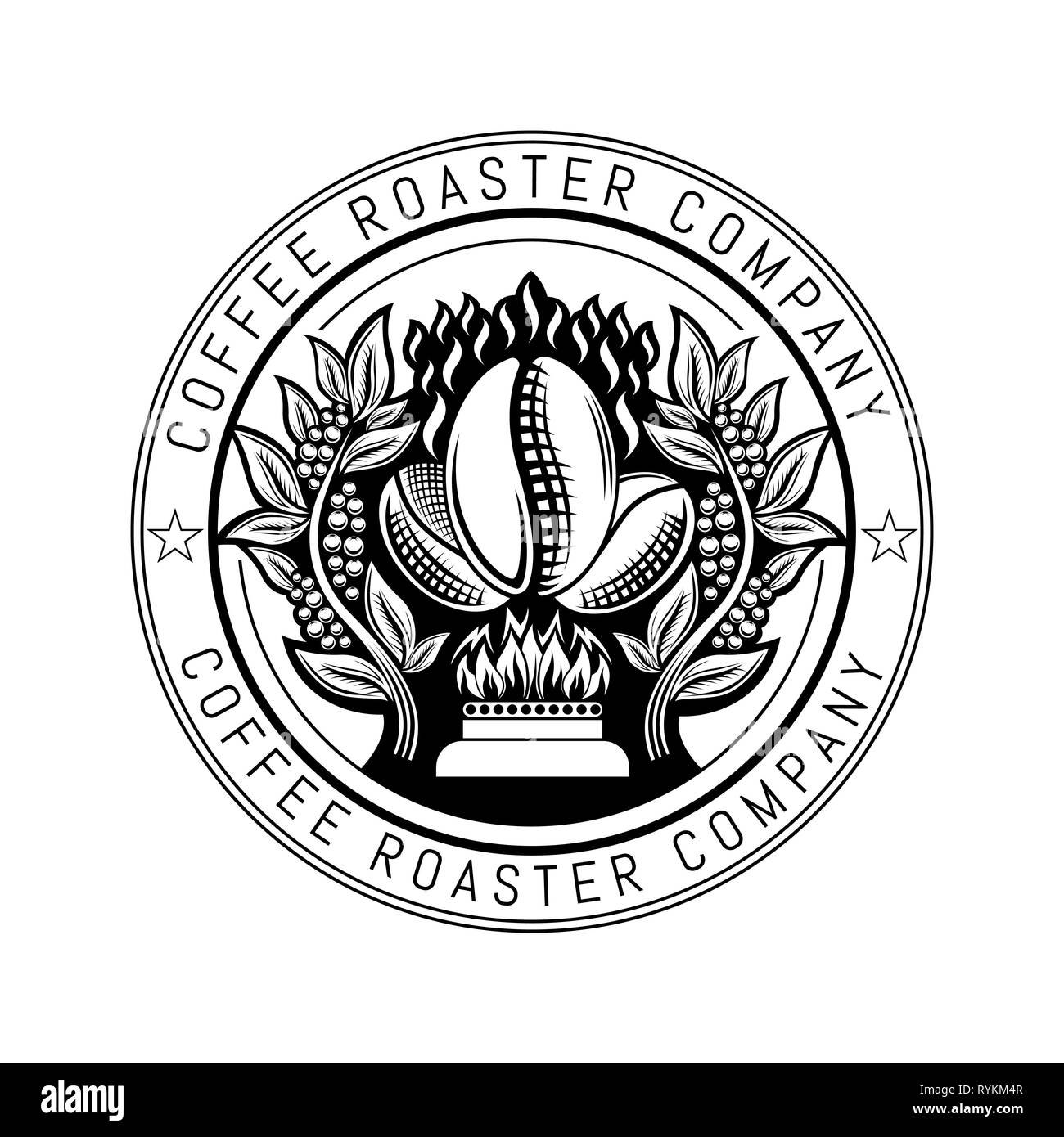Chicchi di caffè tra rami di caffè, tostatura su incendio. Etichetta rotonda per la tostatura del caffè azienda su bianco Illustrazione Vettoriale