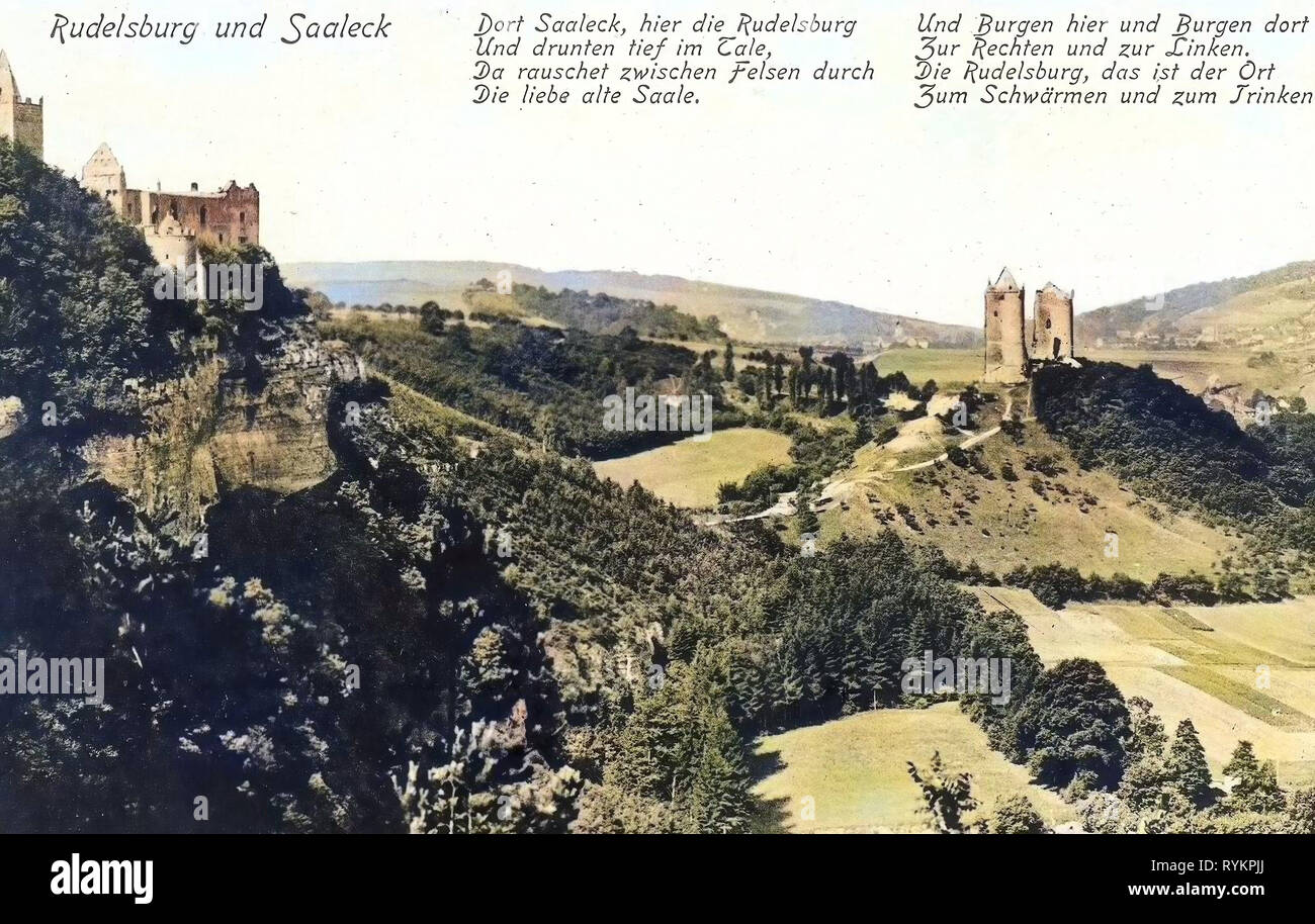 Rudelsburg, Saaleck, cartoline con testi, 1913, Sassonia-Anhalt, Rudelsburg und Saaleck, Germania Foto Stock