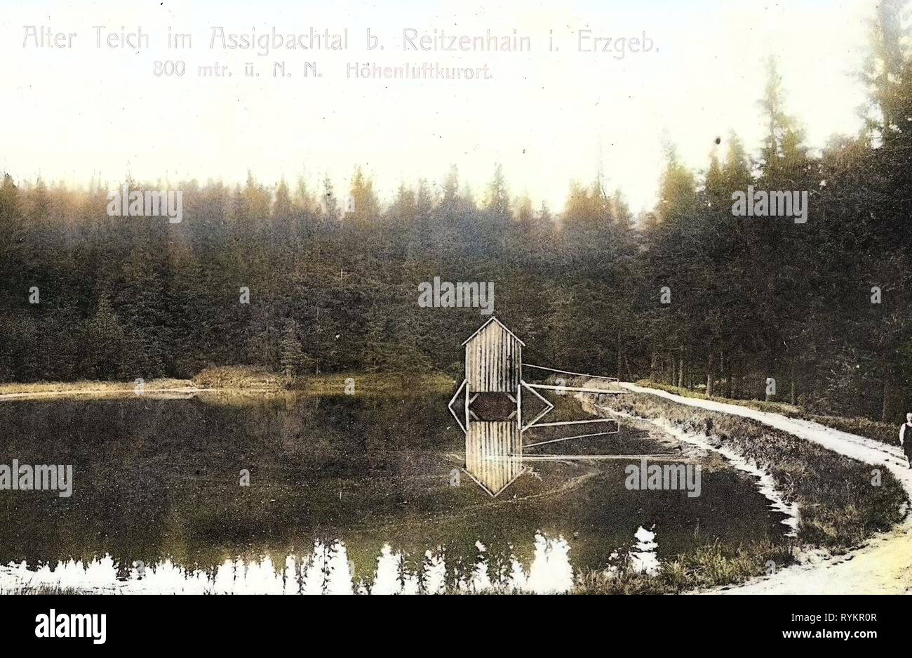 Stagni in Erzgebirgskreis, edifici in Erzgebirgskreis, acqua riflessioni in Sassonia, Reitzenhain (Marienberg), 1913, Erzgebirgskreis, Reitzenhain, Alter Teich im Assigbachtal, Germania Foto Stock