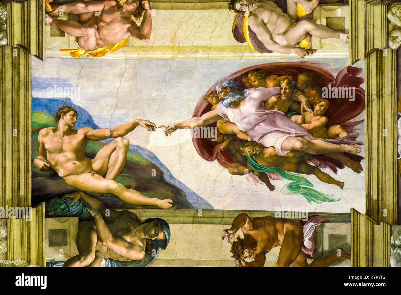 Michelangelo, la creazione di Adamo, Cappella Sistina, pittura rinascimentale, affresco, circa 1511 Foto Stock