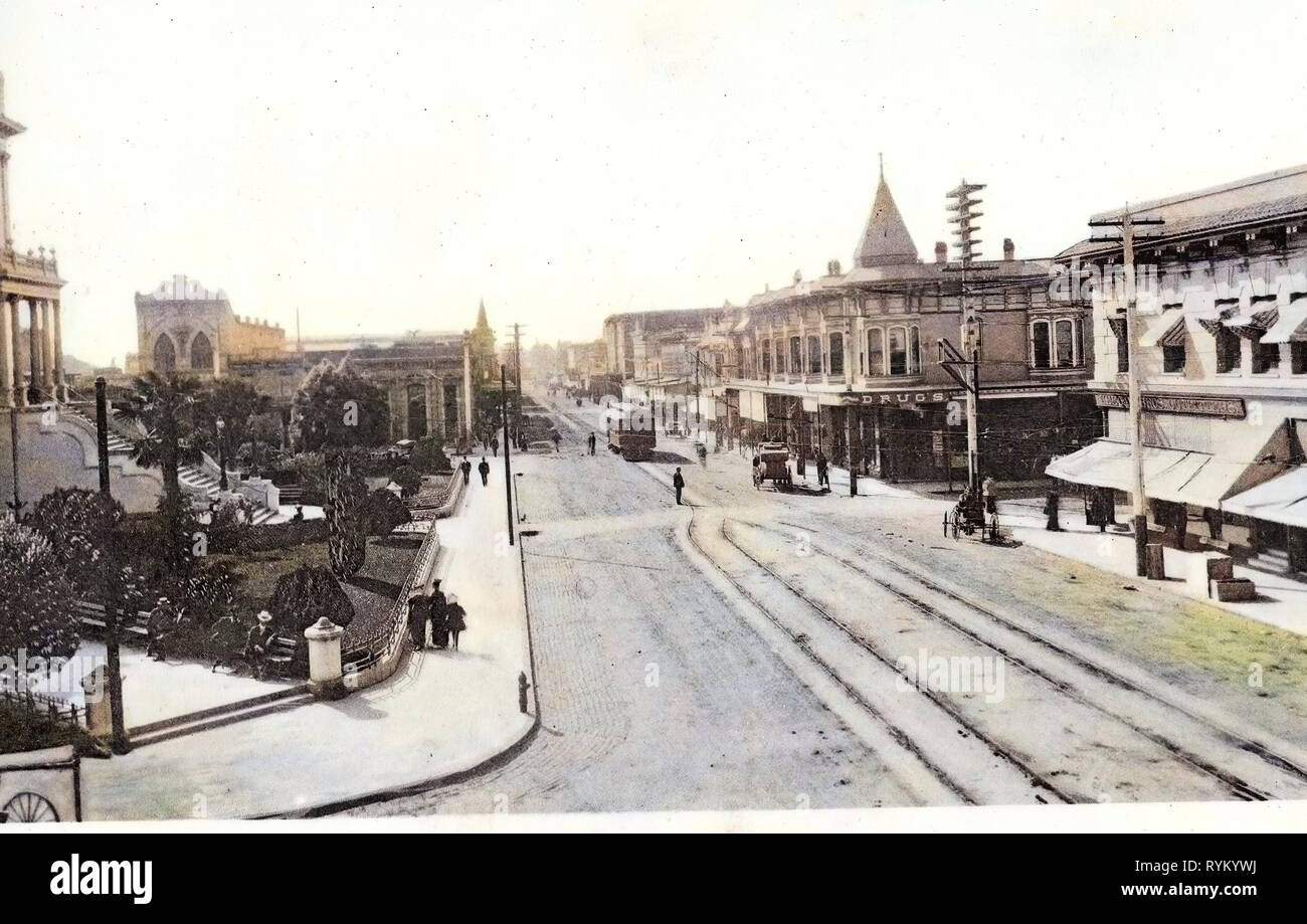 I tram in California, edifici in California, il trasporto ferroviario in Sonoma County, California, 1905, Santa Rosa, di scena sul quarto Sant', Stati Uniti d'America Foto Stock