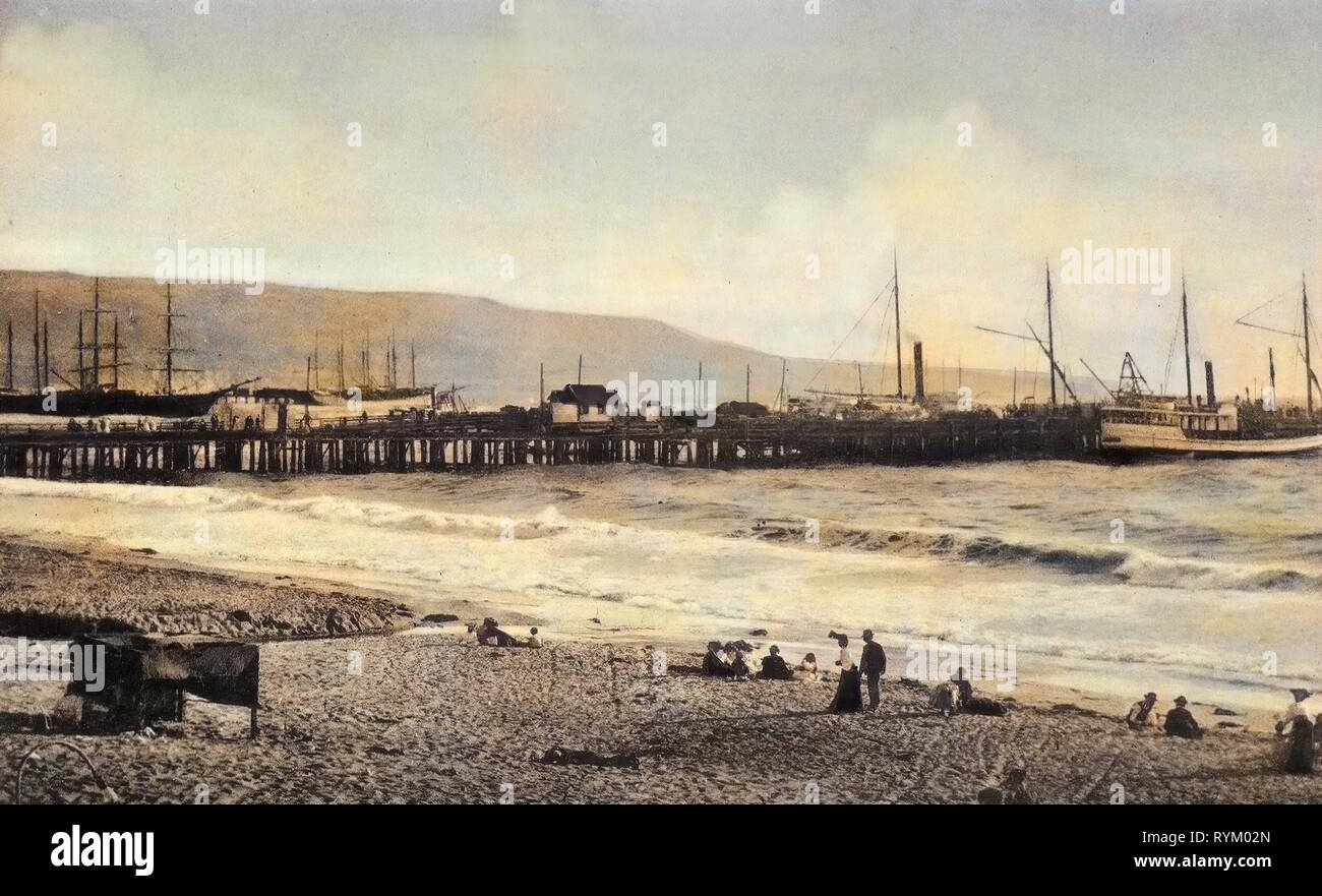 Piers in California, le spiagge della California, le navi a vela degli Stati Uniti, Redondo Beach, California, 1906 di scena a Redondo Beach, Cal Foto Stock