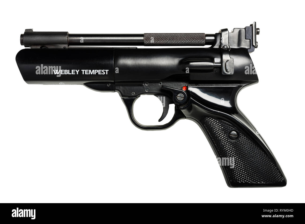 Un vintage Webley Tempest air pistol su sfondo bianco Foto Stock
