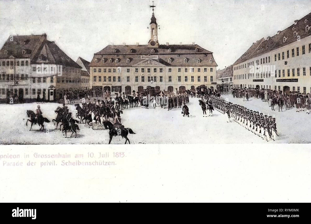 Esercito di Sassonia, 1813 in Germania, municipi nel Landkreis Meißen, dipinti in Sassonia, Napoleone I di Francia in arte, 1906 Landkreis Meißen, Großenhain, Napoleone a Großenhain 1813 Parade der Scheibenschützen Foto Stock