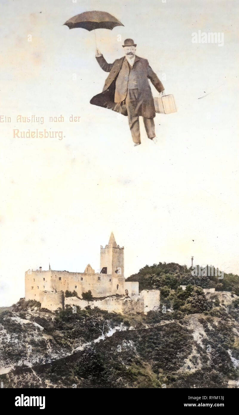 Rudelsburg, Fliegende Persona, 1906, Sassonia-Anhalt, Fliegender Mann, Germania Foto Stock