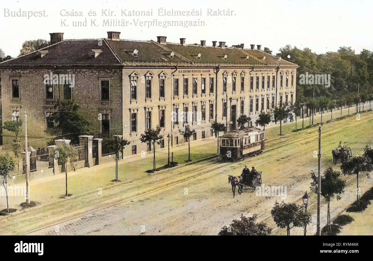 I tram a Budapest, le strutture militari, carrozze trainate da cavalli in Ungheria, 1908, Budapest, K. und K. Militär, Verpflegsmagazin Foto Stock