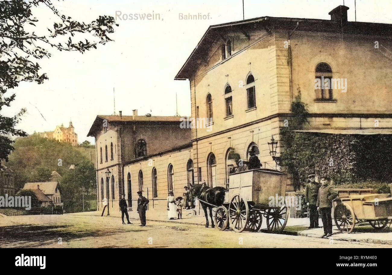A cavallo il veicoli, Bahnhof Roßwein, edifici in Roßwein, 1908, Landkreis Mittelsachsen, Roßwein, Bahnhof, Germania Foto Stock