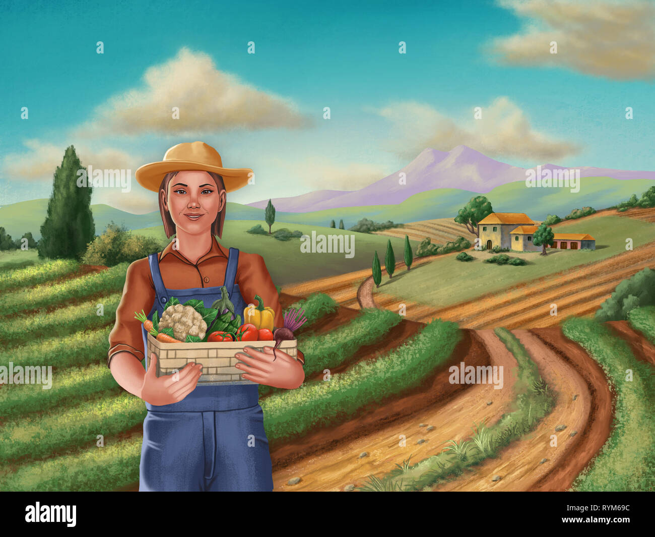 Farmer girl, tenendo in mano un cesto di verdura, in un paesaggio rurale. Illustrazione Digitale. Foto Stock