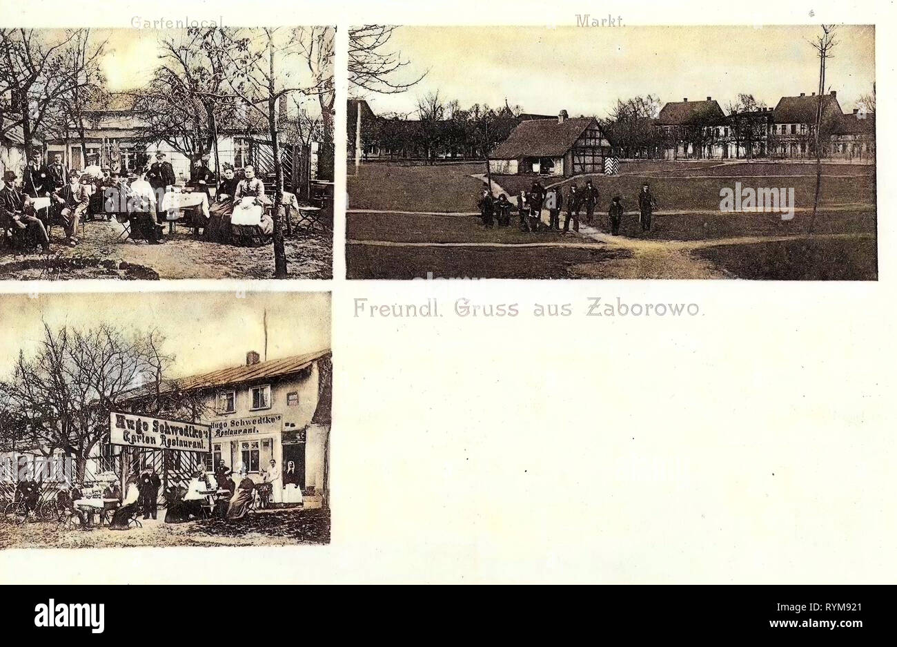 Cartoline Multiview, storia di Leszno, 1903, Grande Polonia voivodato, Zaborowo, Markt, Gartenlokal Foto Stock